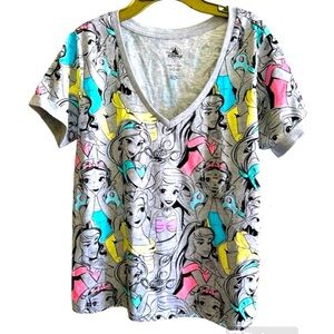 Disney Women's Short Sleeve Tee - Gray with Multicolor Princess Print